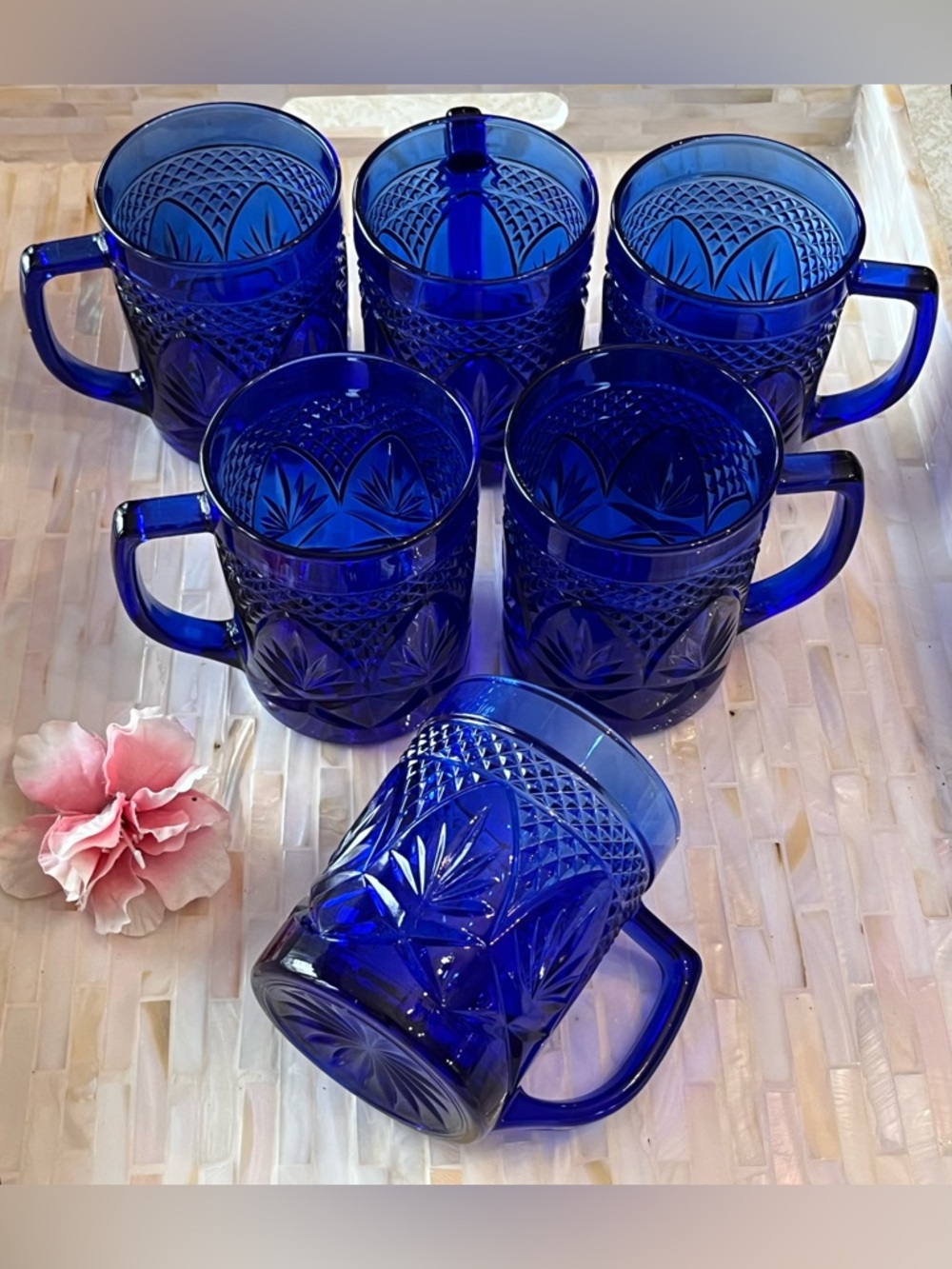 VTG Cobalt Blue 6 Mugs, Antique Sapphire Blue Collect Cristal d'Arques-Durand